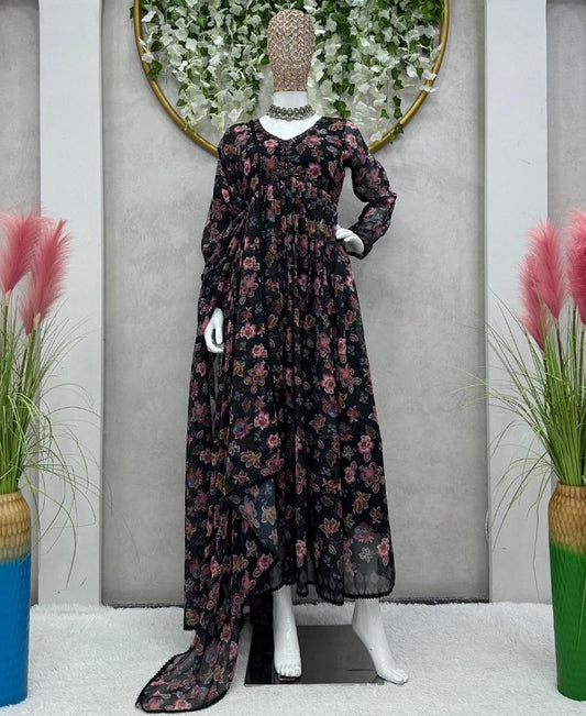 Black floral printed handwork alia cut suit