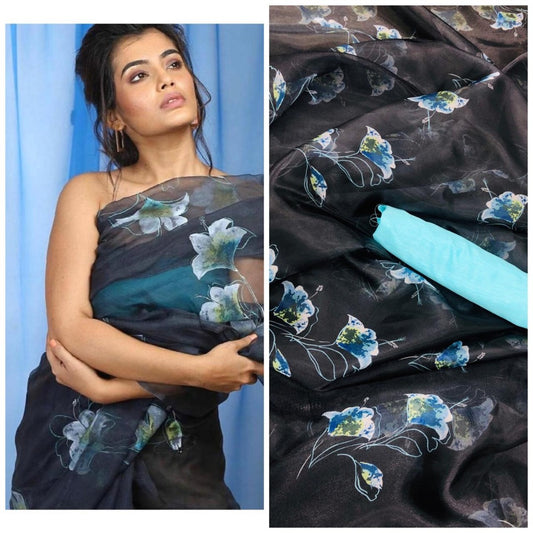 Black floral printed organza saree