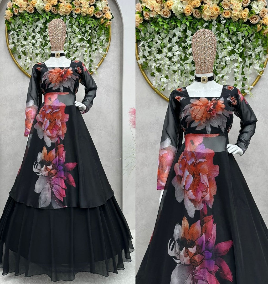 Black floral printed party wear lehenga suit