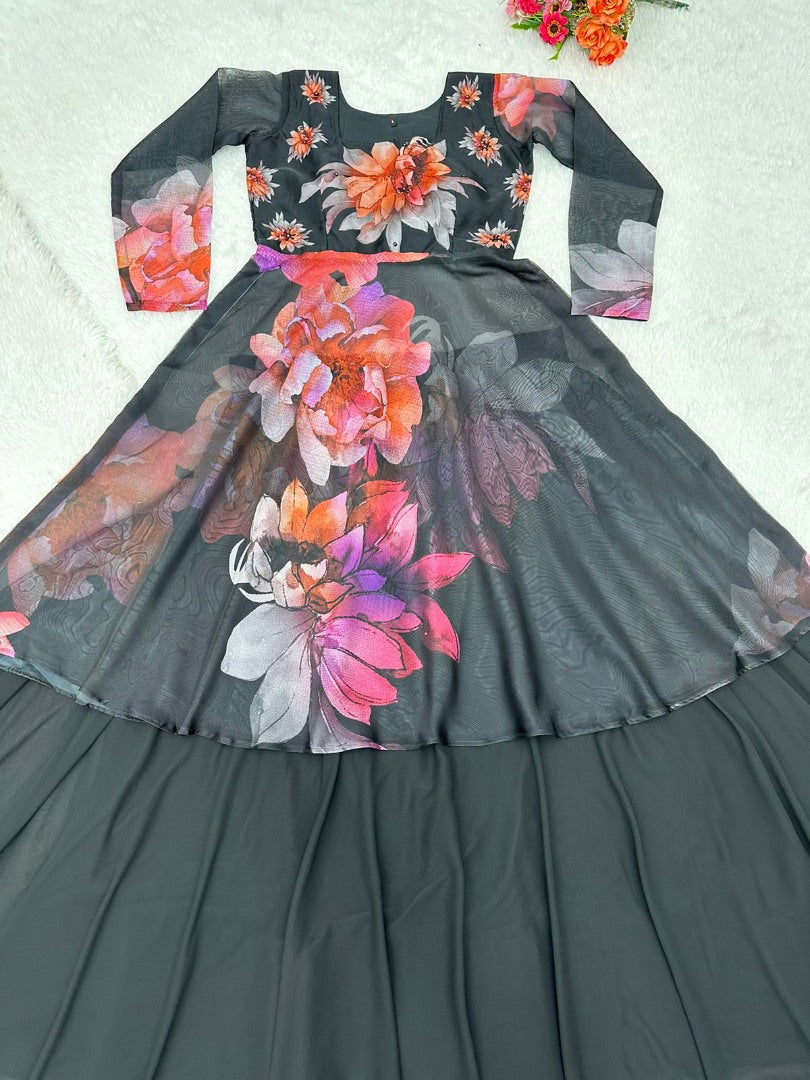 Black floral printed party wear lehenga suit