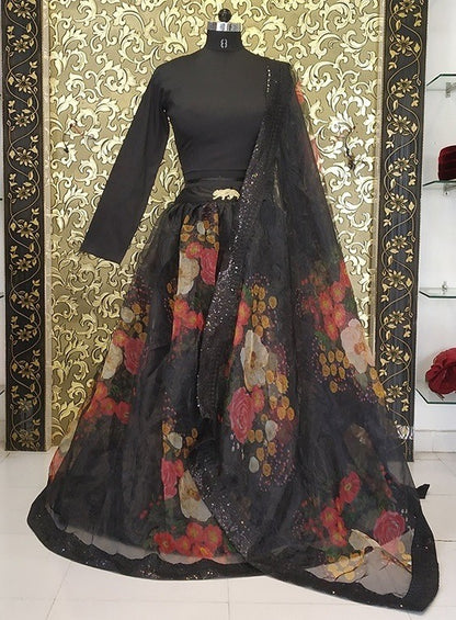 Black floral printed partywear lehenga choli