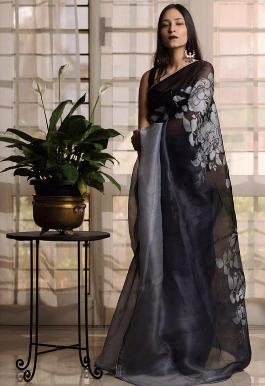 Black flower printed organza saree
