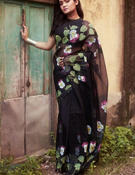 Black flower printed organza saree