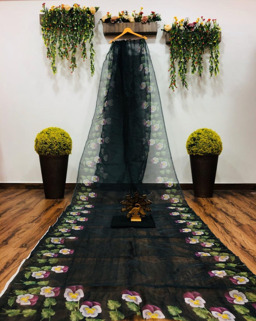 Black flower printed organza saree