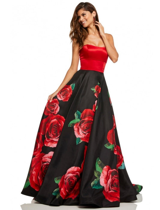 Black flower printed partywear gown