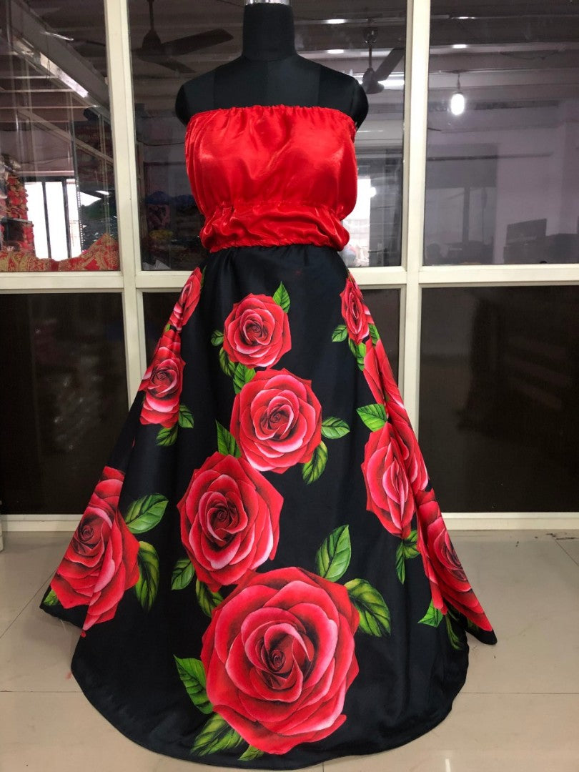 Black flower printed partywear gown