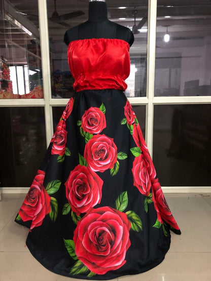 Black flower printed partywear gown