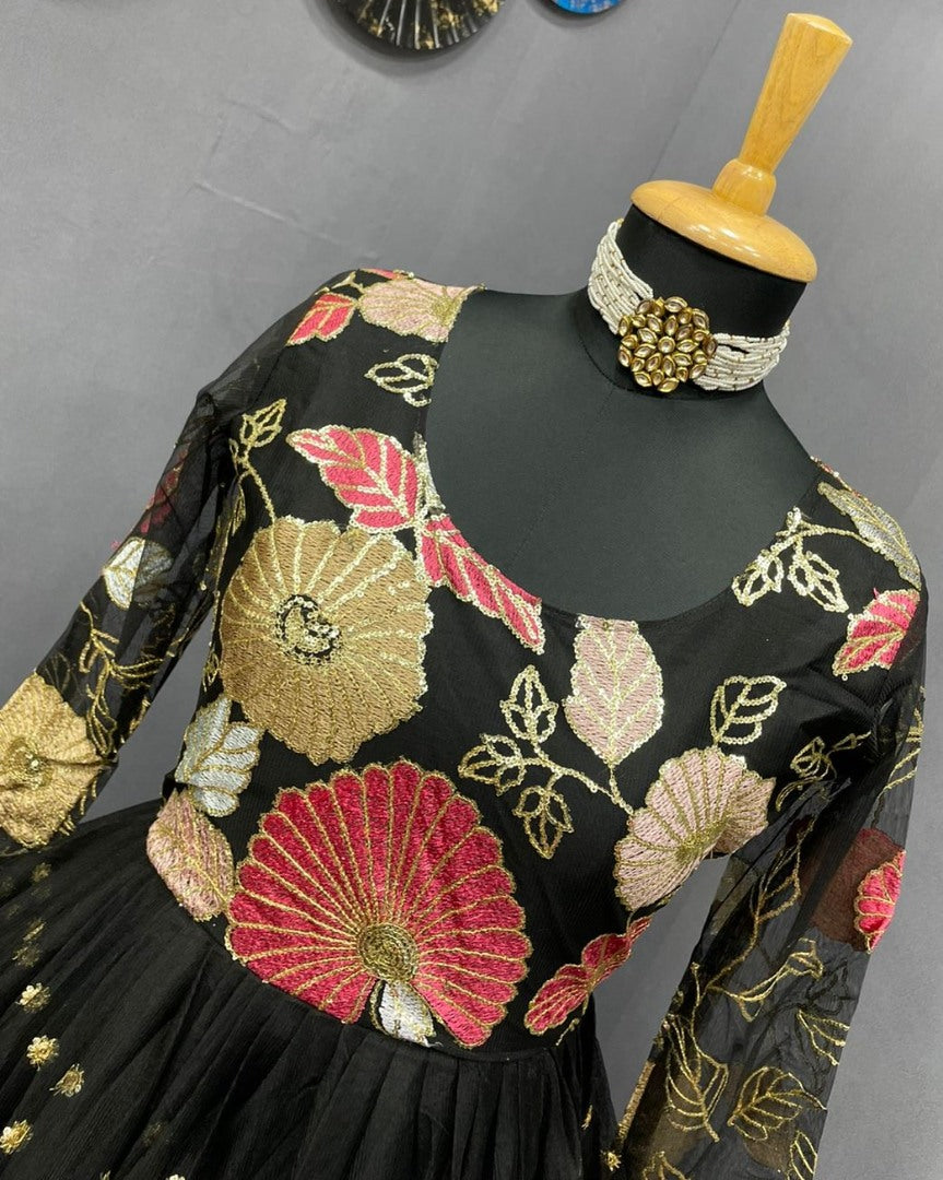 Black georgette and soft net embroidered gown
