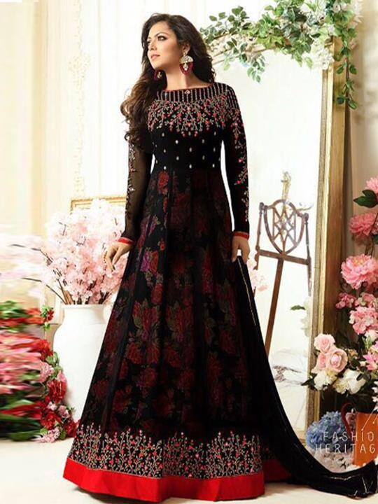 Black Georgette beautiful embroidered partywear gown with printed inner