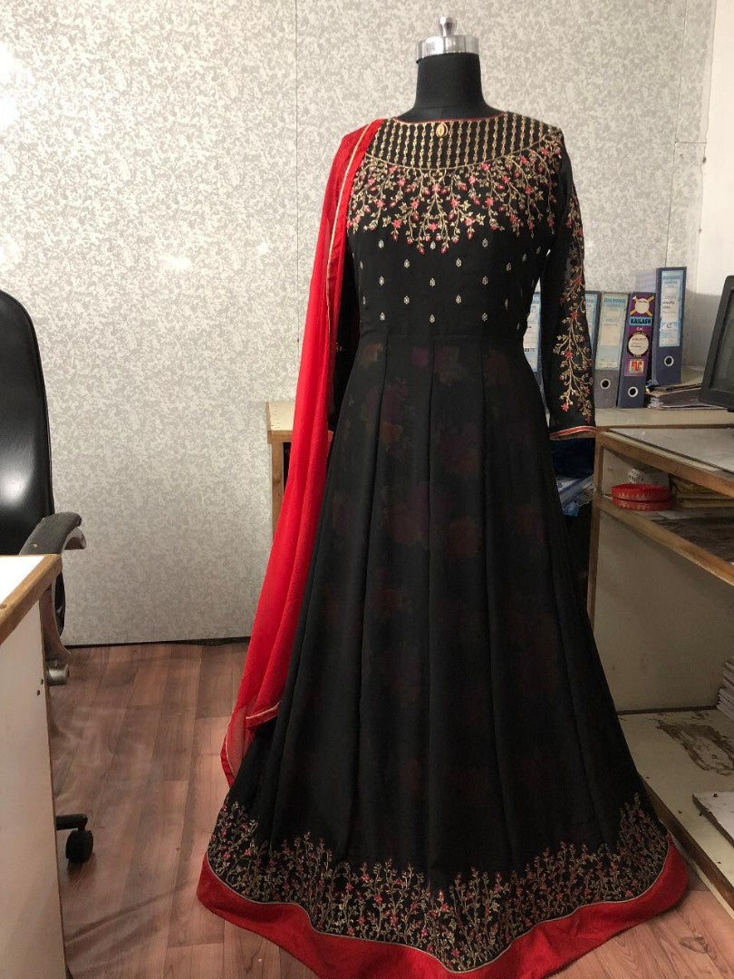 Black Georgette beautiful embroidered partywear gown with printed inner