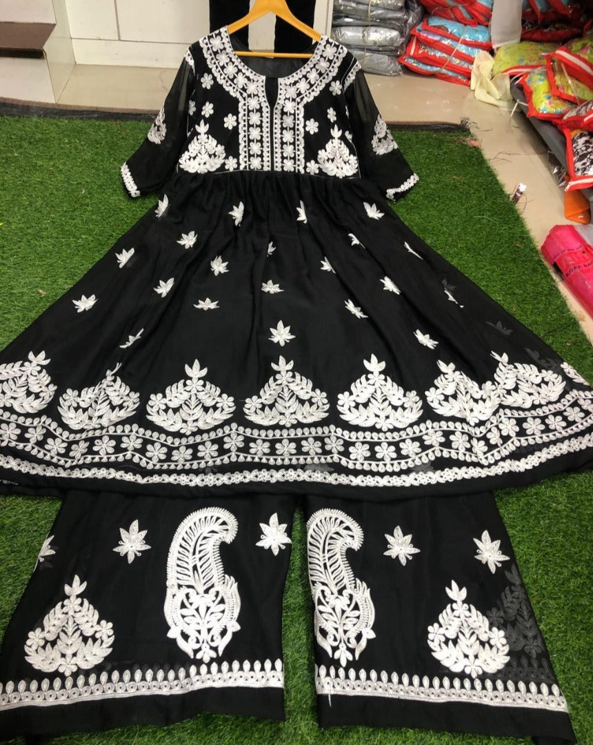 Black georgette chainstitch work plazzo salwar suit