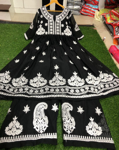 Black georgette chainstitch work plazzo salwar suit