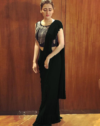 Black georgette designer ruffle saree with handwork blouse