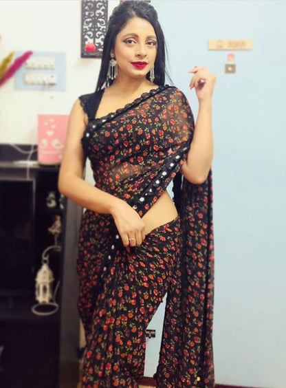 Black georgette digital flower printed saree