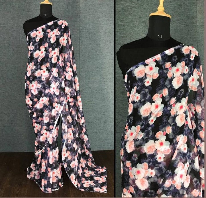 Black georgette digital flower printed work saree