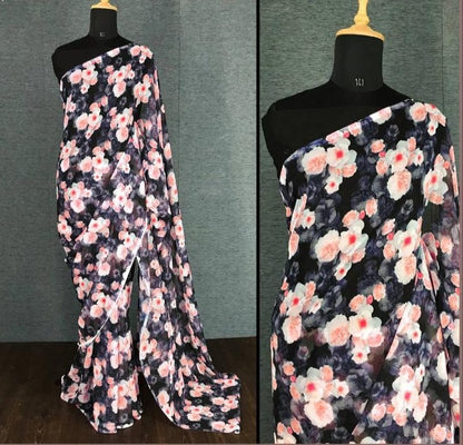 Black georgette digital flower printed work saree