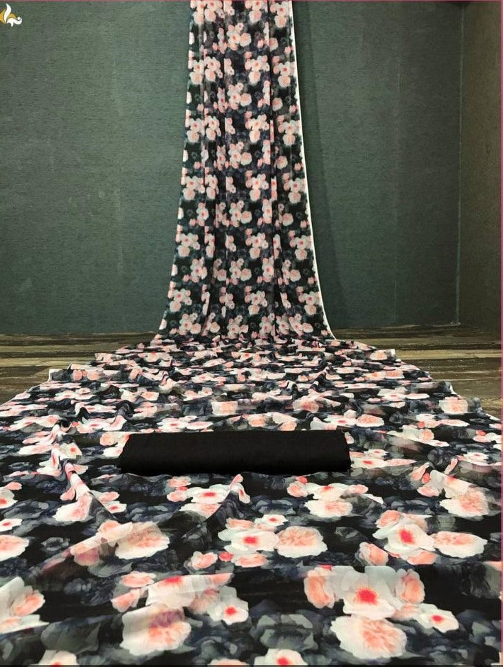 Black georgette digital flower printed work saree