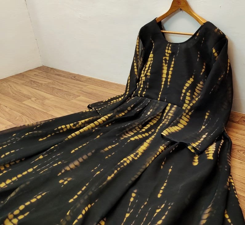 Black georgette digital printed party wear gown