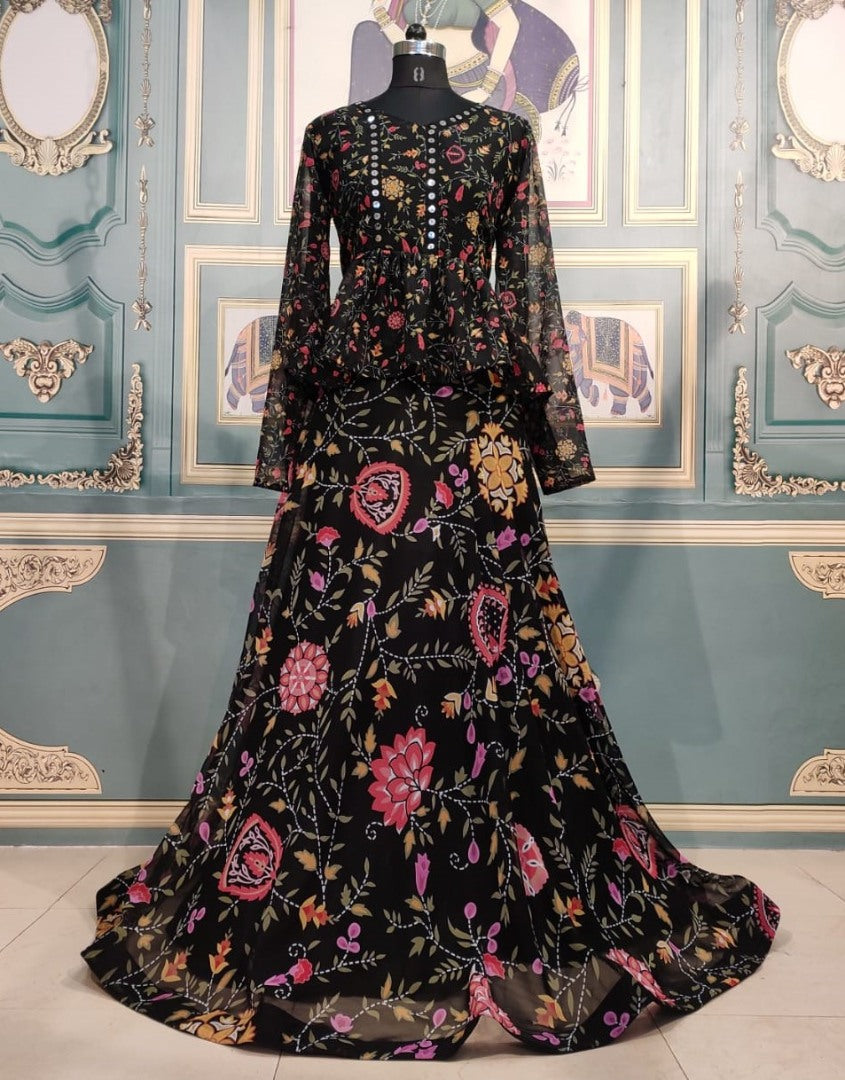 Black georgette digital printed partywear gown