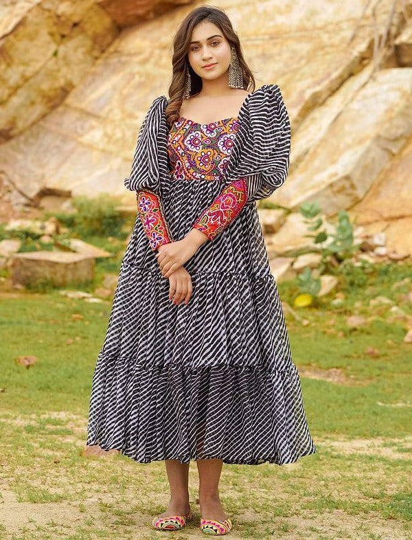 Black georgette digital printed ruffle layer mirror work long kurti