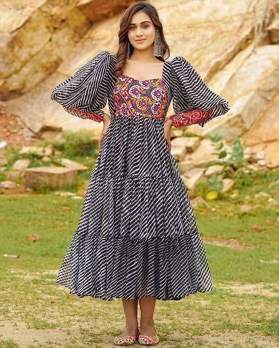 Black georgette digital printed ruffle layer mirror work long kurti