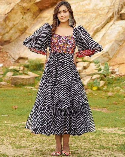 Black georgette digital printed ruffle layer mirror work long kurti