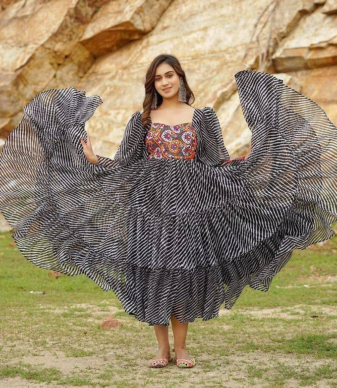 Black georgette digital printed ruffle layer mirror work long kurti