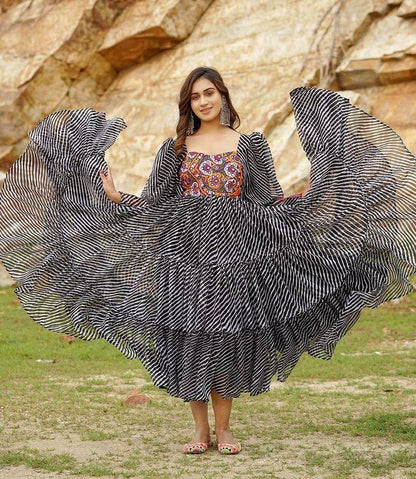 Black georgette digital printed ruffle layer mirror work long kurti