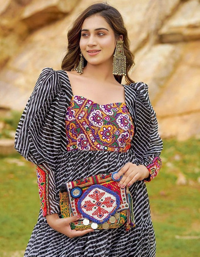 Black georgette digital printed ruffle layer mirror work long kurti