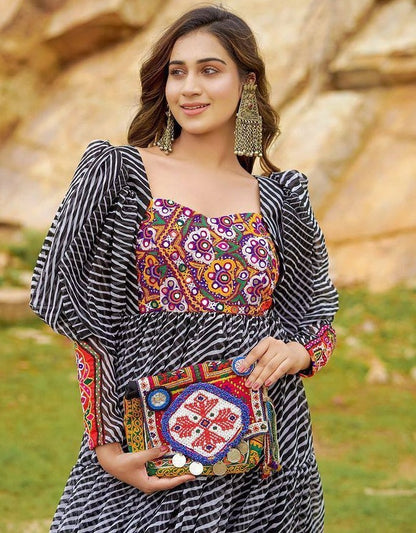 Black georgette digital printed ruffle layer mirror work long kurti