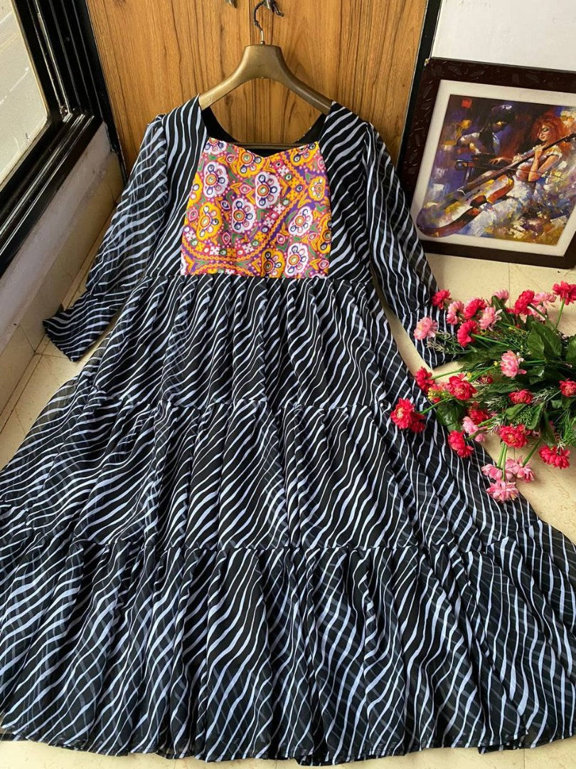 Black georgette digital printed ruffle layer mirror work long kurti