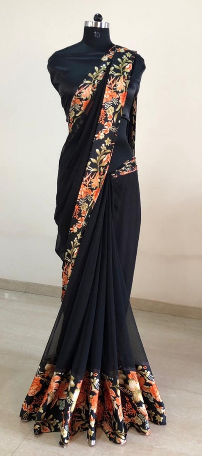 Black georgette digital printed satin patta border saree