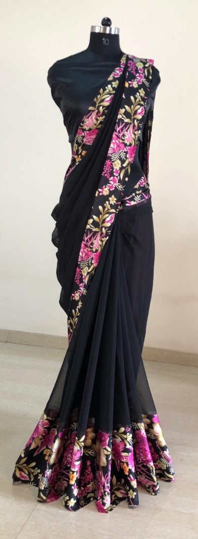 Black georgette digital printed satin patta border saree