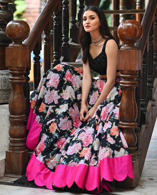 Black georgette digital rose flower printed lehenga choli