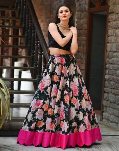 Black georgette digital rose flower printed lehenga choli