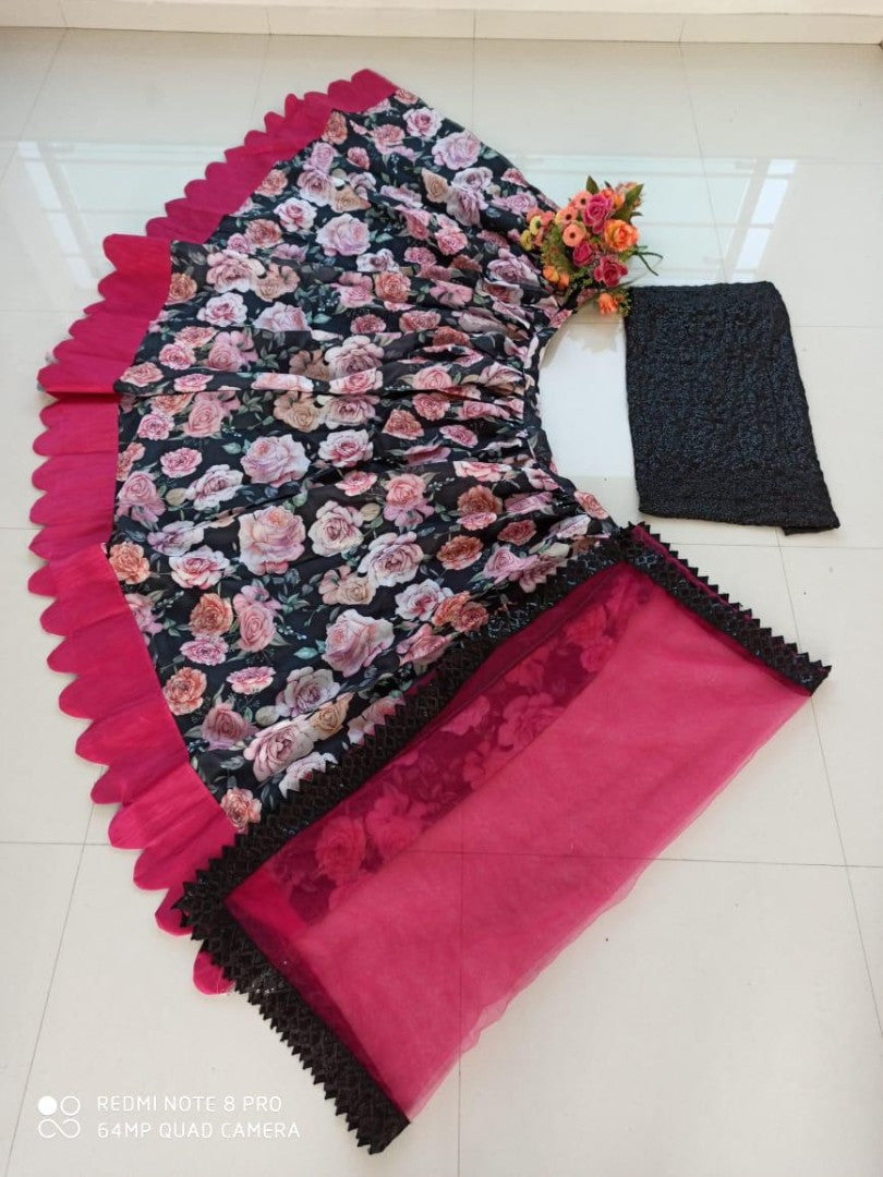Black georgette digital rose flower printed lehenga choli