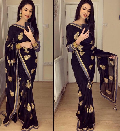 Black georgette embroidered and moti lace partywear saree