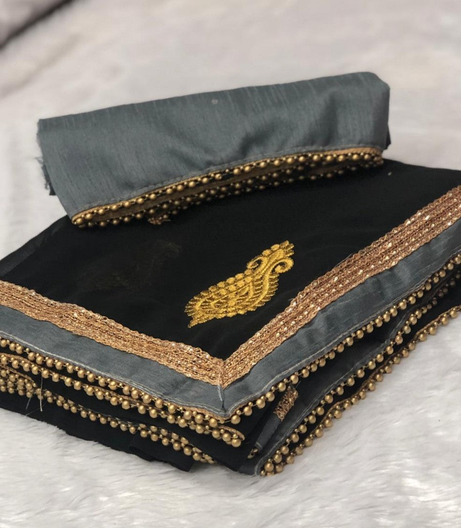 Black georgette embroidered and moti lace partywear saree
