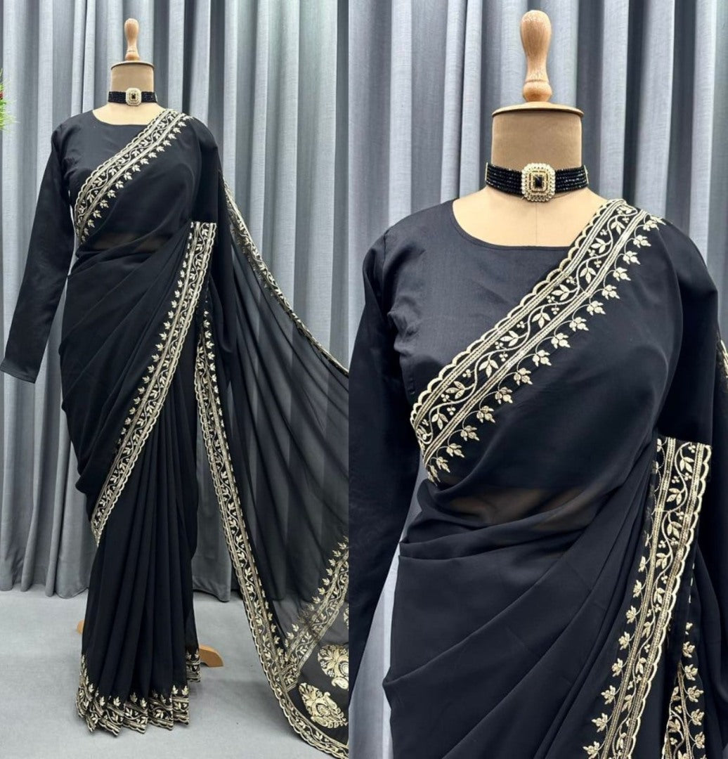 Black georgette embroidered bollywood party wear saree