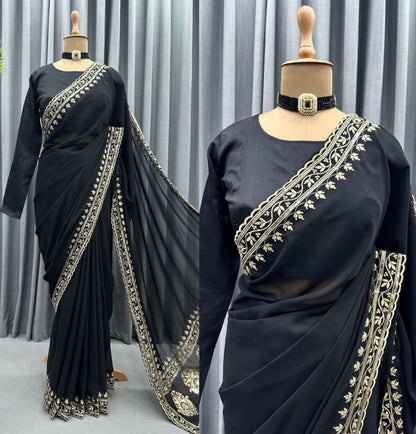 Black georgette embroidered bollywood party wear saree