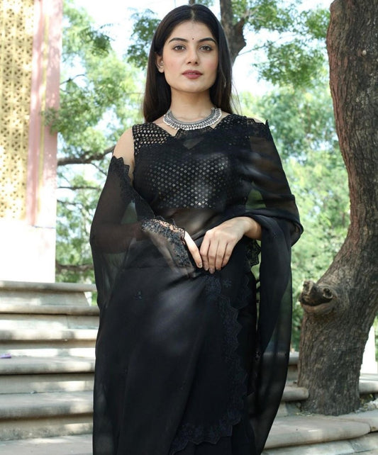 Black georgette embroidered ceremonial saree
