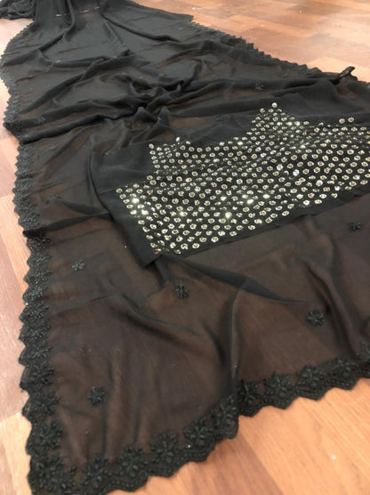 Black georgette embroidered ceremonial saree