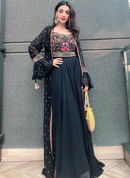 Black georgette embroidered indowestern plazzo suit with shrug