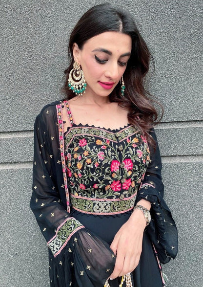 Black georgette embroidered indowestern plazzo suit with shrug