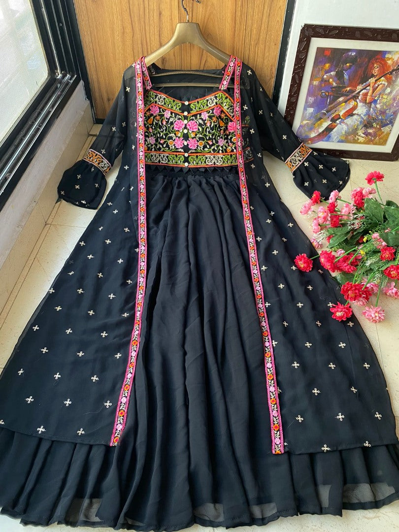 Black georgette embroidered indowestern plazzo suit with shrug