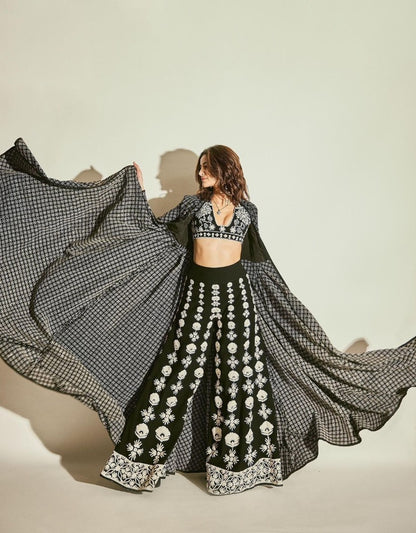 Black georgette embroidered indowestern plazzo suit with shrug