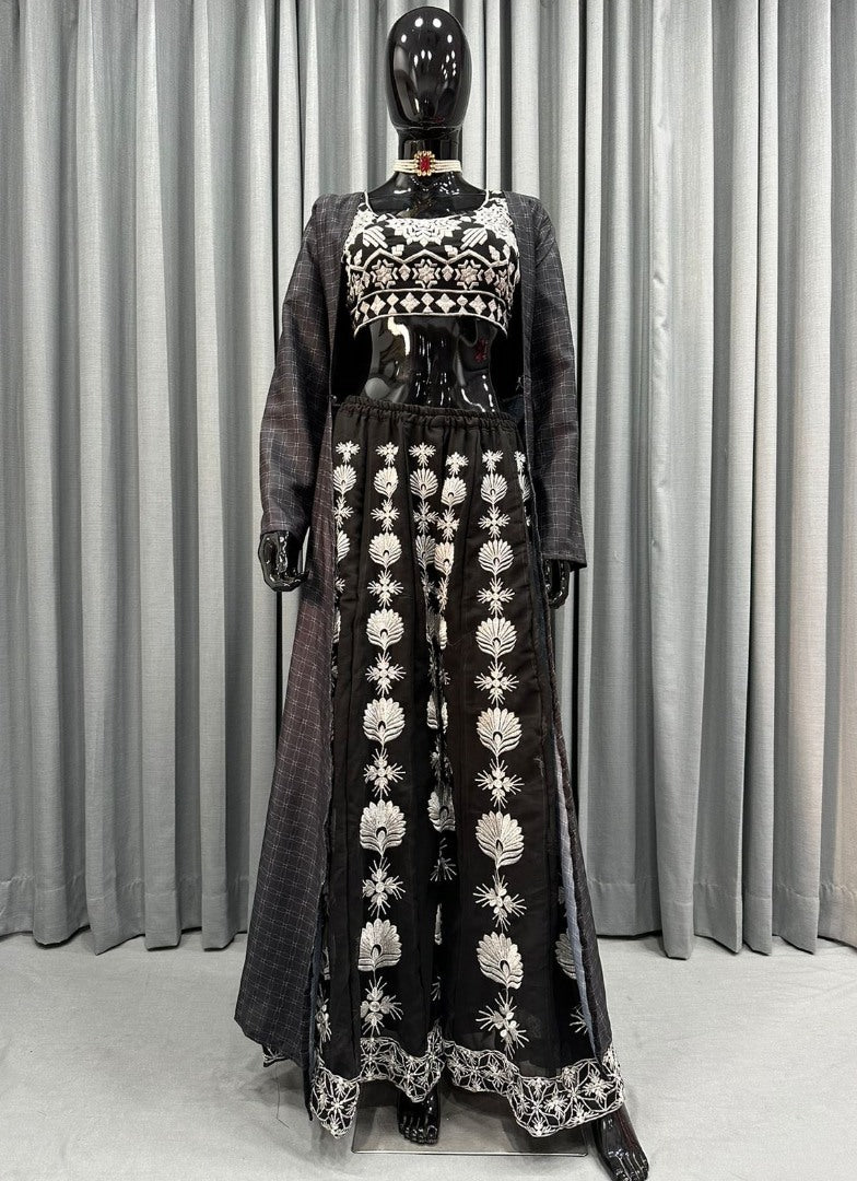 Black georgette embroidered indowestern plazzo suit with shrug