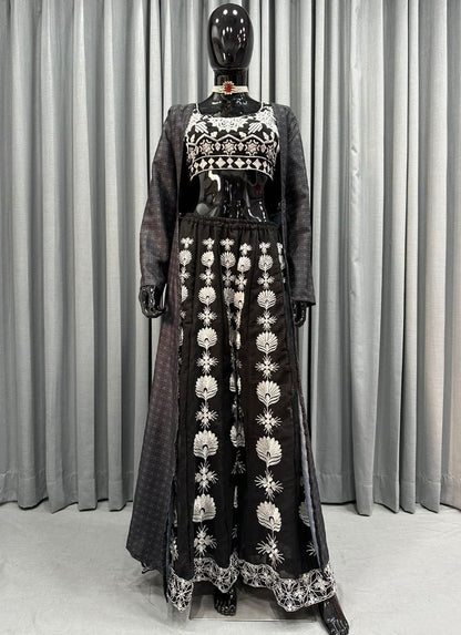 Black georgette embroidered indowestern plazzo suit with shrug