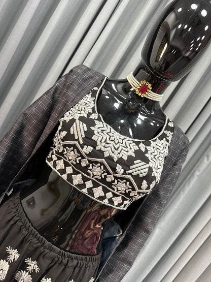 Black georgette embroidered indowestern plazzo suit with shrug