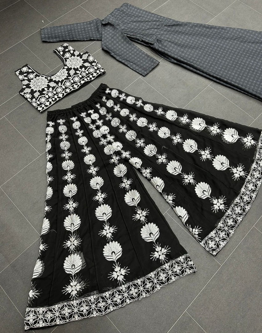 Black georgette embroidered indowestern plazzo suit with shrug